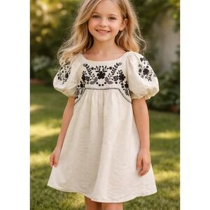 Mango Embroidered Floral Pattern Puff Sleeves Dress Girls Size 13-14 Cream/Black